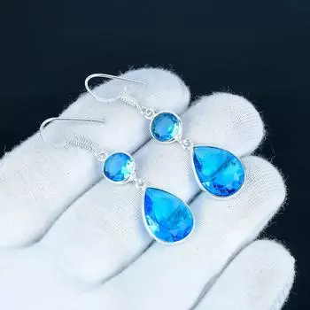 Beautiful Blue Topaz Gemstone Earrings, 925 Sterling Silver Earring, Handmade Boho Silver Jewelry Dangle Earrings, Valentine s Day Gift 7 Cm синий