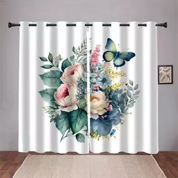 Beautiful Butterfly Rose Flower Green Leaf Curtains 2 Panel Modern Home Pastoral Style Living Room Bedroom Balcony Decor Curtain 50W130H(CM)X2PCS&Grommet Top