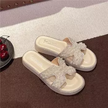 Beautiful cool slippers female summer wear new exquisite fairy beach with skirt flat bottom slippers with water diamonds 35