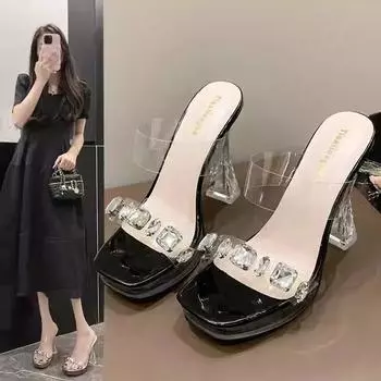 Beautiful crystal heel thick heel transparent rhinestone cool slippers 11cm super high heel women s shoes waterproof table sandals car show model 34