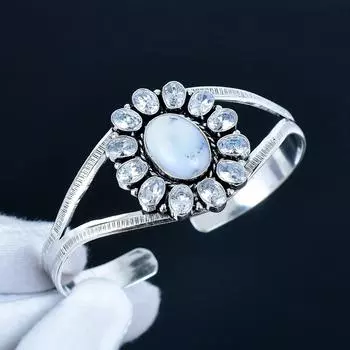 Beautiful Dendrite Opal Gemstone Handmade Cuff Bangle 925 Sterling Silver Cuff Bangle, White Topaz Flower Shape Bracelet For Wife, Unisex Bangle, Gift 7 белый