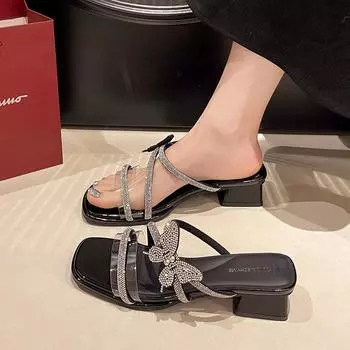 Beautiful fairy style silver butterfly thick heel slippers female 2025 new one-word strap medium heel versatile tide rhinestone sandals 35