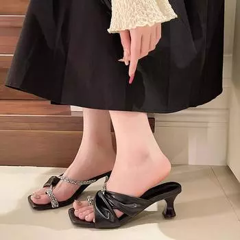 Beautiful fairy wind sandals Internet celebrity French set toe rhinestone slippers female summer wear 2024 new temperament with skirt 35 чёрный