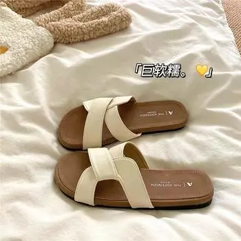 Beautiful flat-bottomed cool slippers women s summer wear new seaside beach one-word sandals 35