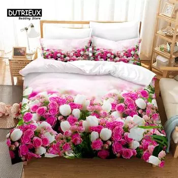 Beautiful Flowers Bedding Set, 3Pcs Duvet Cover Set, Soft Comfortable Breathable Duvet Cover, For Bedroom Guest Room Decor US Queen(228x228cm)