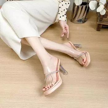 Beautiful French rhinestone transparent thick-soled waterproof table high heels women s summer thick heel crystal word with cool slippers outside wear 34