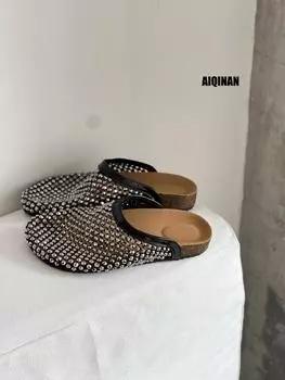 Beautiful full diamond mesh Mary Jane soft-soled slippers, wearing new summer cool slippers 35 чёрный