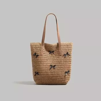 Beautiful Girl Bow Vacation Beach Straw Bag for Women 2025 New Large Capacity Versitile Fashion Tote Bag Brown