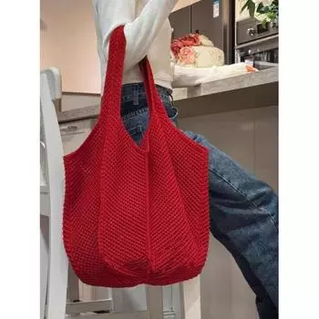 Beautiful Girl Idle Style Tote Bag High Sense Large Capacity Women College Students Class Commuter Bag Autumn and Winter Red Red