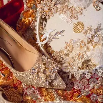 Beautiful golden wedding shoes women s 2025 new Hexiu wedding dress two wear bridal shoes wedding crystal high heels engagement shoes 34