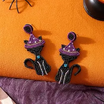 Beautiful Halloween Rice Bead Earrings Black Cat Pumpkin Dangle Earrings All Saints Day cat