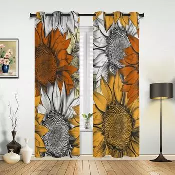 Beautiful Hand Drawn Sunflowers Window Curtains For Living Room Luxury Bedroom Decor Drapes Kitchen Window Treatments Curtains 135W x 60H(cm) x1