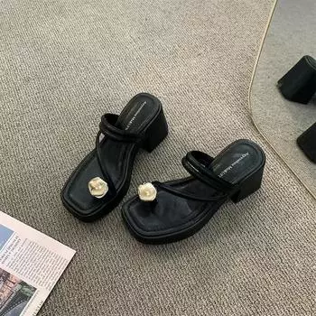 Beautiful high-heeled cool slippers women s versatile new summer fashion thick-heeled thick-soled toe slippers 35 чёрный