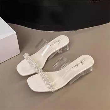 Beautiful high-heeled one-word slippers for women s summer wear, new fashionable transparent thick-heeled cool slippers for women 35