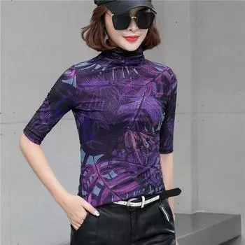Beautiful Mid-Sleeve Turtleneck Spring Floral Mesh Bottoming Shirt Purple 3XL