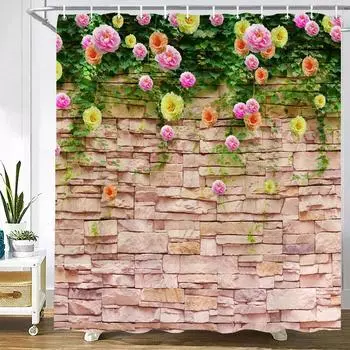 Beautiful Nordic Retro Street 3D Flower Landscape Bathroom Shower Curtain Waterproof Fabric Curtain Home Decor Curtain With hook W90xH180cm
