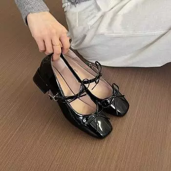 Beautiful not tired feet single shoes women s bow middle heel temperament Mary Jane women s shoes thick heel silver high heels 35