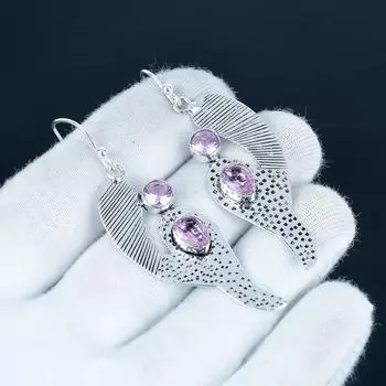 Beautiful Pink Kunzie Gemstone Earrings, 925 Sterling Silver Earring, Handmade Boho Silver Jewelry Dangle Earrings, Wadding Gift 7 Cm розовый