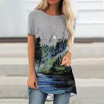 Beautiful Print Ladies Short Sleeve Comfort Fashion Top Ladies Casual Raglan Sleeve Vintage T Shirt XS-8XL S