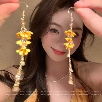 Beautiful Roaring Purple Mesh Tassel Flowers Earrings for Women Elegant Long Eardrop Stud Earrings Unique Exaggerated Earrings Elegant osmanthus tassel