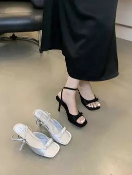 Beautiful sandals thin heel high-end Roman shoes 2024 summer new French bow black high heels women 35