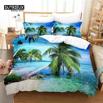 Beautiful Seaside Bedding Set, 3Pcs Duvet Cover Set, Soft Comfortable Breathable Duvet Cover, For Bedroom Guest Room Decor EU single(135x200cm)