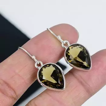 Beautiful Smoky Topaz Gemstone Earrings, 925 Sterling Silver Earring, Handmade Boho Silver Jewelry Dangle Earrings, Anniversary Gift 1.77 коричневый