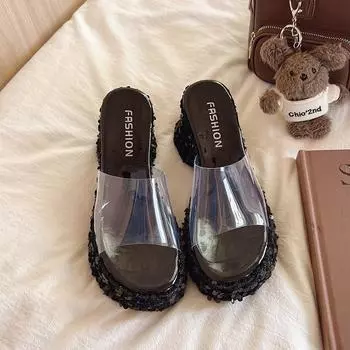 Beautiful sparkling pink wedge sandals women s summer transparent high heels waterproof table heightened thick-soled cool slippers outer wear 34