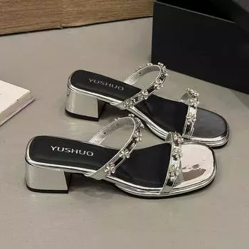 Beautiful temperament cool slippers women s summer wear new popular rhinestone open-toed sandals thick heel one-word drag 35