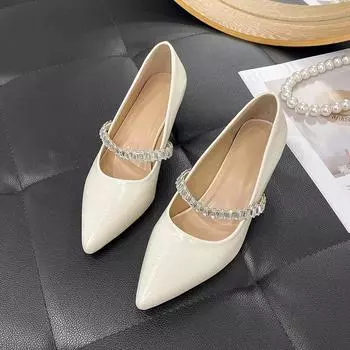 Beautiful temperament shallow single shoes women s rhinestone one with Mary Jane shoes with skirt high-end pointed middle heel shoes 35