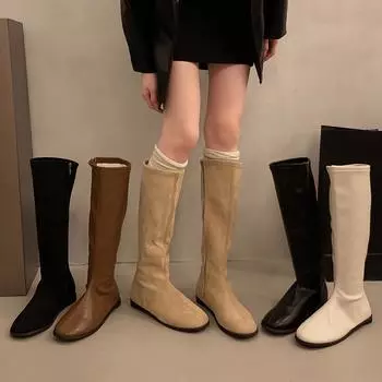 Beautiful tube thin rad but flat single boots knight boots versatile Korean version tall boots female white round head thin long 36
