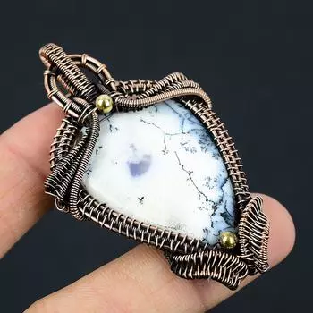 BeautifulDendrite Opal Gemstone Медная проволока Wrap Handmade Подвеска Ювелирные изделия 2.67 Inches белый