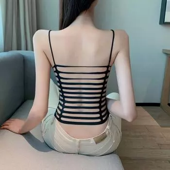 Beauty Back 2024 Autumn Sexy Cutout Sling Horizontal Stripes Black M