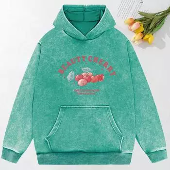 Beauty Cherry Art Letter Print Washed Hoody All-Match Oversized Hoodies Cotton Sportswear Couple Women Clothing M