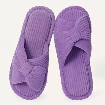 Bebealy Классические женские тапочки с бантом Летние вельветовые домашние тапочки Мягкие женские тапочки с открытым носком на плоской подошве Уютные облачные тапочки 260 фиолетовый
