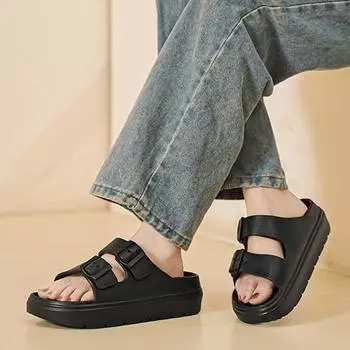 Bebealy Summer Breathable Soft-soled Beach Shoes Women Outdoor Double Buckle Embellished Sandals Non-slip Thick Sole Slippers 36