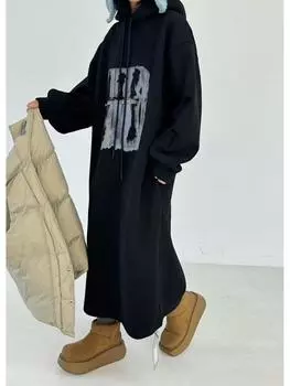 Becabeau Зимнее платье-толстовка с капюшоном большого размера в корейском стиле на флисовой подкладке (961399) One Size чёрный