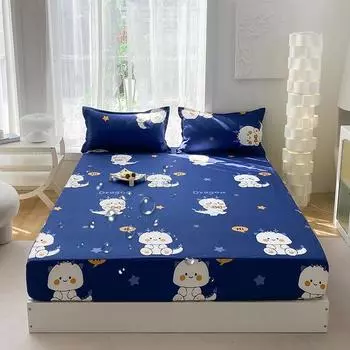 Bed Hat Skin Friendly Cotton Waterproof Bed Cover Printed Cartoon with Elastic Mattress General Purpose Student 200x220 Bedding Only 2 pillowcases