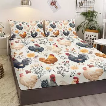 Bed Linen Set Of Three Pieces With Floral And Chicken Pattern, Including Two Pillowcases, Suitable For Bedroom (Plants,Poultry) 99cmx199cm