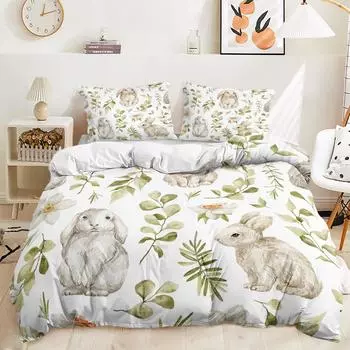 Bed Three-Piece Bunny Illustration Quilt Cover 3D Digital Printing Kit 135 * 200 (two-piece set) 90g