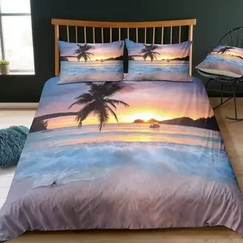 Bedding Set 3D Digital Printing Beach Coconut Grove Summer Bedroom Quilt Cover Pillowcase Bedding Kit EU Single 135x200cm