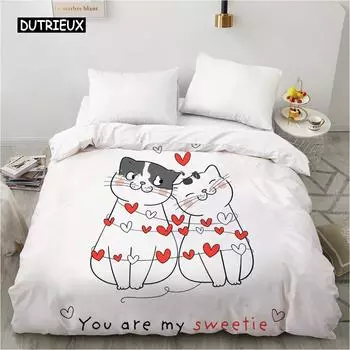 Bedding Set Cartoons Cute Cat Quilt Cover Duvet Cover Home Pet White Comforter Cover for Women Children Gift Bedroom Decoration US Queen(228x228cm)