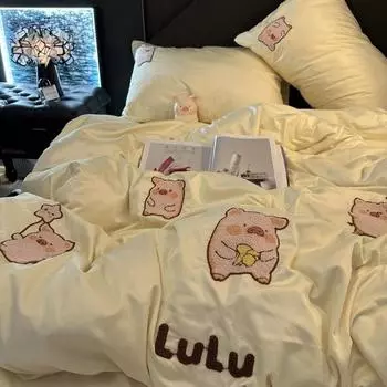 Bedding Set Summer Double Sided Cool Ice Silk Bed Set Of Four Cute Soft And Cute Pig Towel Embroidered Quilt Set 150x200 3pcs