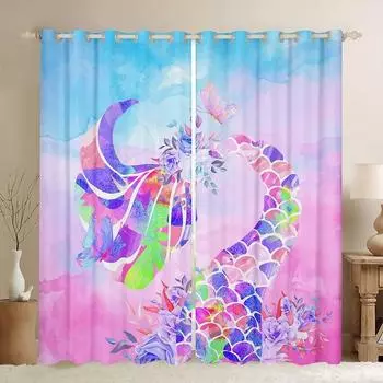 Bedroom Blackout Curtains Ombre Beauty Mermaid Fish Scale Thermal Insulated Room Darkening Curtains for Living Room Drapes W55 X H120cm X 2&HOOK