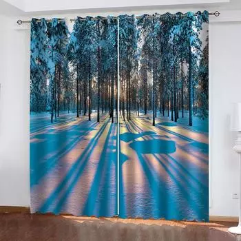 Bedroom Curtains 2 Pieces Winter Snow Scene 3D Luxury Living Room Blackout Curtains Finished Window Treatment Drapes Anti Light W70xH160cmx2&Grommet Top