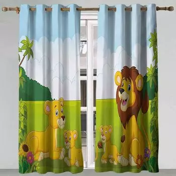 Bedroom Kitchen Curtain Child Window Curtain Cartoon Style Lion Family Forest Savannah Curtains for Living Room Decorative Items 135W x 60H(cm)
