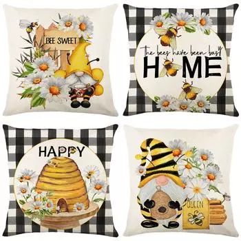 Bee Day Print Pillow Case Letters Black and White Check Sofa Decorative Cushion Set Bedroom Pillow Cover 45*45cm JYM298-1