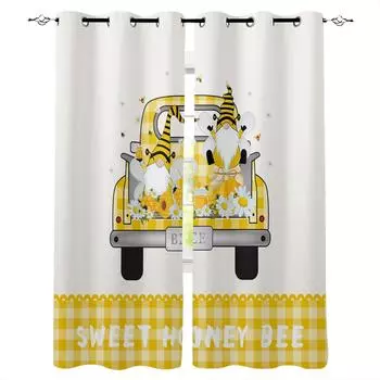Bee Dwarf Truck Daisy Yellow Plaid Blackout Curtains For Kitchen Bedroom Kids Room Window Treatment Curtains for Living Room W135 x H60cm