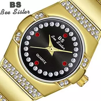 BEE SISTER BS бриллиантовые часы женские известные бренды уникальные золотые женские наручные часы с кристаллами маленький циферблат женские часы Without box чёрный/серебряный