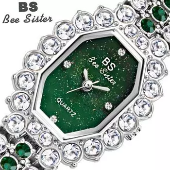 BEE SISTER BS Женские наручные часы в форме бочонка с бриллиантами Платье Золотые часы Женские часы с кристаллами и бриллиантами Нержавеющая сталь Серебряные кварцевые часы Without box зелёный/золотой